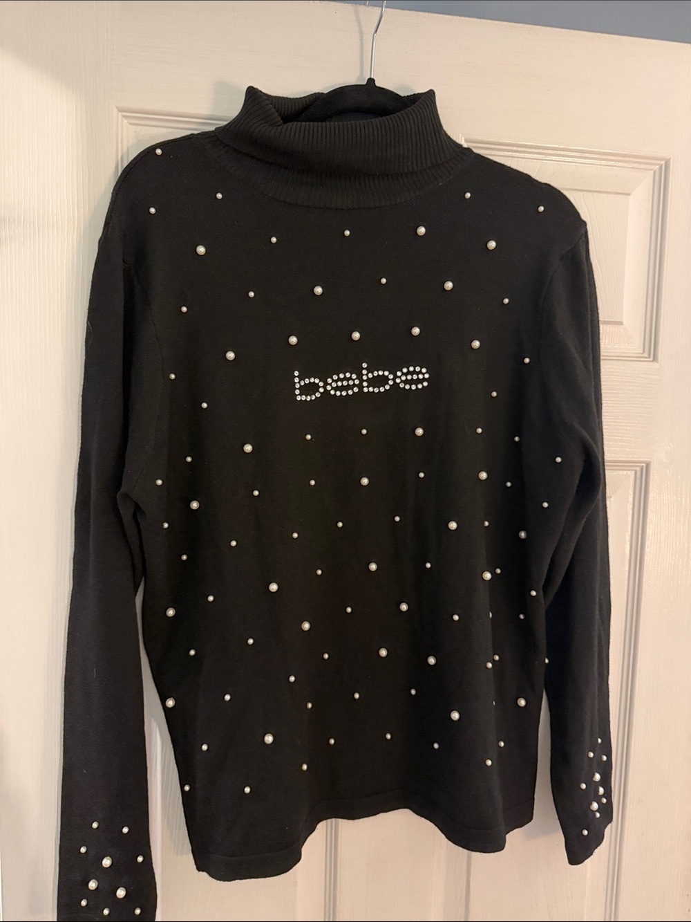 bebe Black Pearl-Embellished Turtleneck Sweater